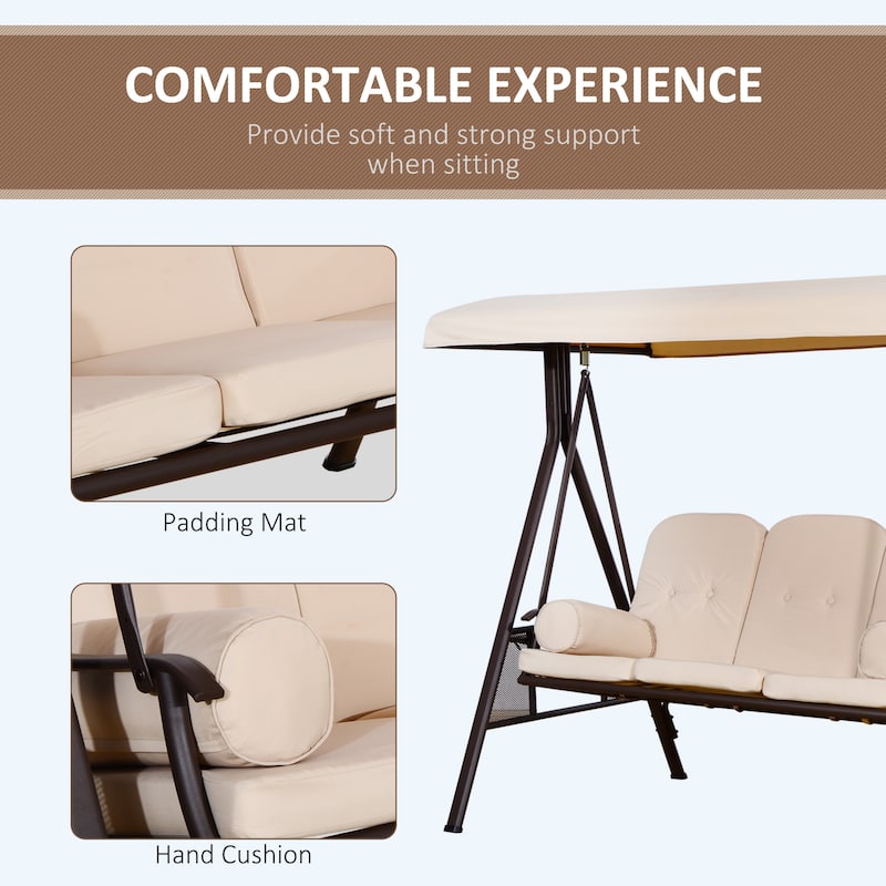Outsunny Outdoor Patio 3-Person Canopy Cushioned Seat Bench Swing with Included Side Trays & Padded Comfort