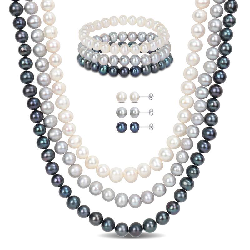 Miadora 7 Pc Set Multicolor 7.5-8mm FW Pearls 3-Strand Necklace, 3x7" Stretch Bracelets, 3 Pairs Earrings Sterling Silver