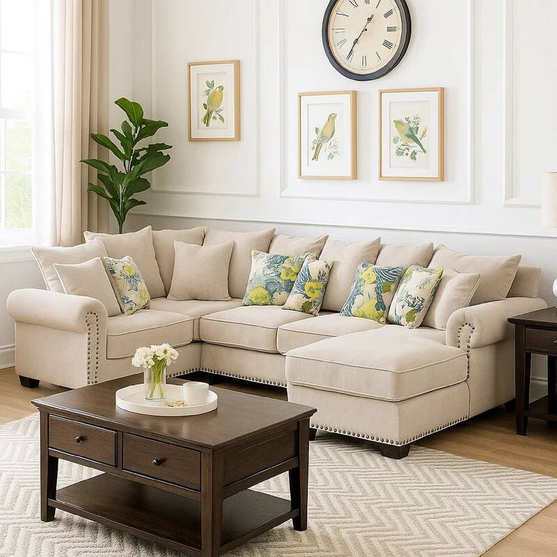 Nailhead Trim Fabric Upholstered Sectional Sofa with Rolled Armrests, Beige