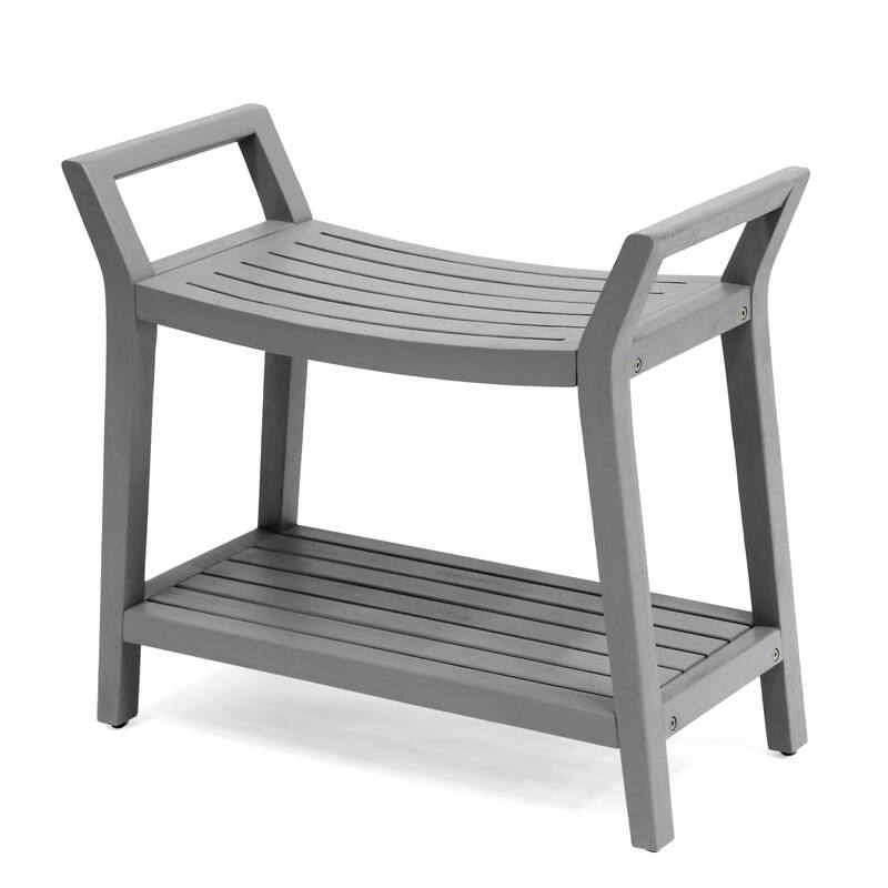 Orla 25.6" Slatted Solid Acacia Wood Indoor/Outdoor Shower Bench, Shelf, Handle, By JONATHAN Y - 25.59L x 12.01W x 23.03H - Gray