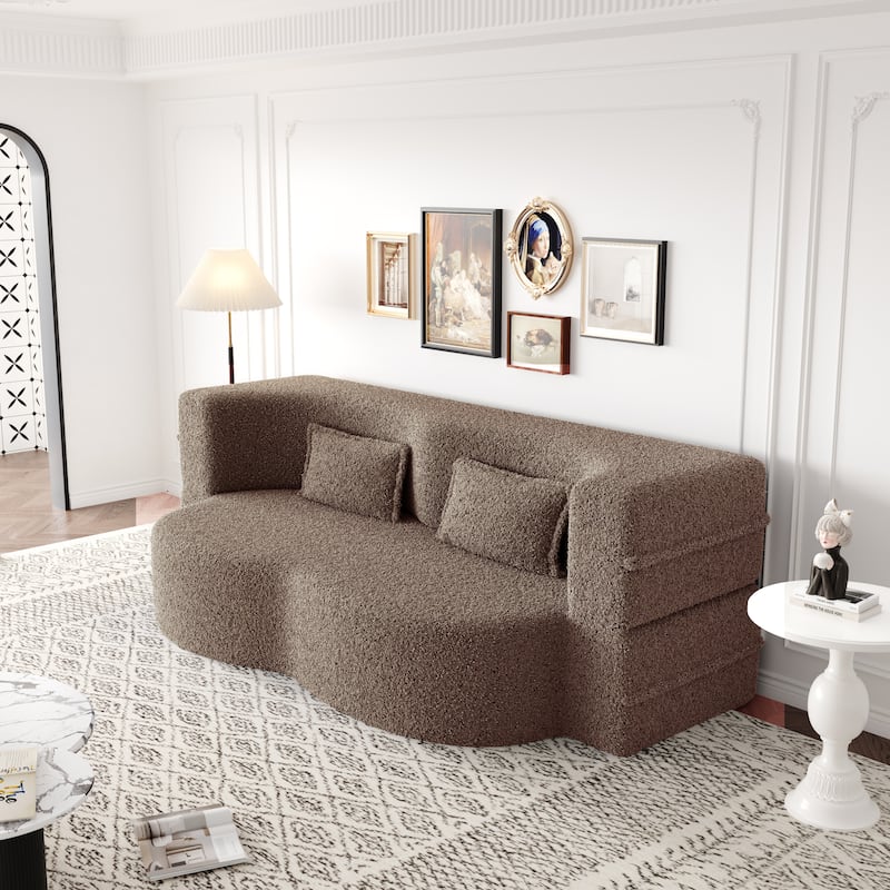 78" Convertible Folding Sofa Bed, Sleeper Sofa with Pillow, Modern Teddy Fabric Floor Loveseat Couch, Foam Mattress Sleeper