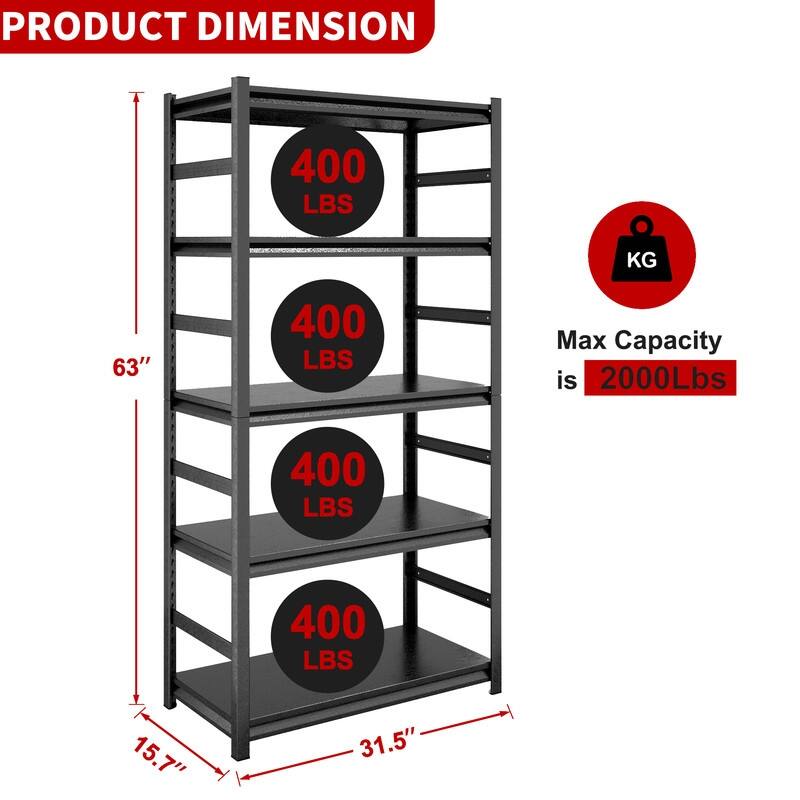 5-Tier Adjustable Heavy Duty Metal Storage Shelves, 2000 lbs, 63"/72"H