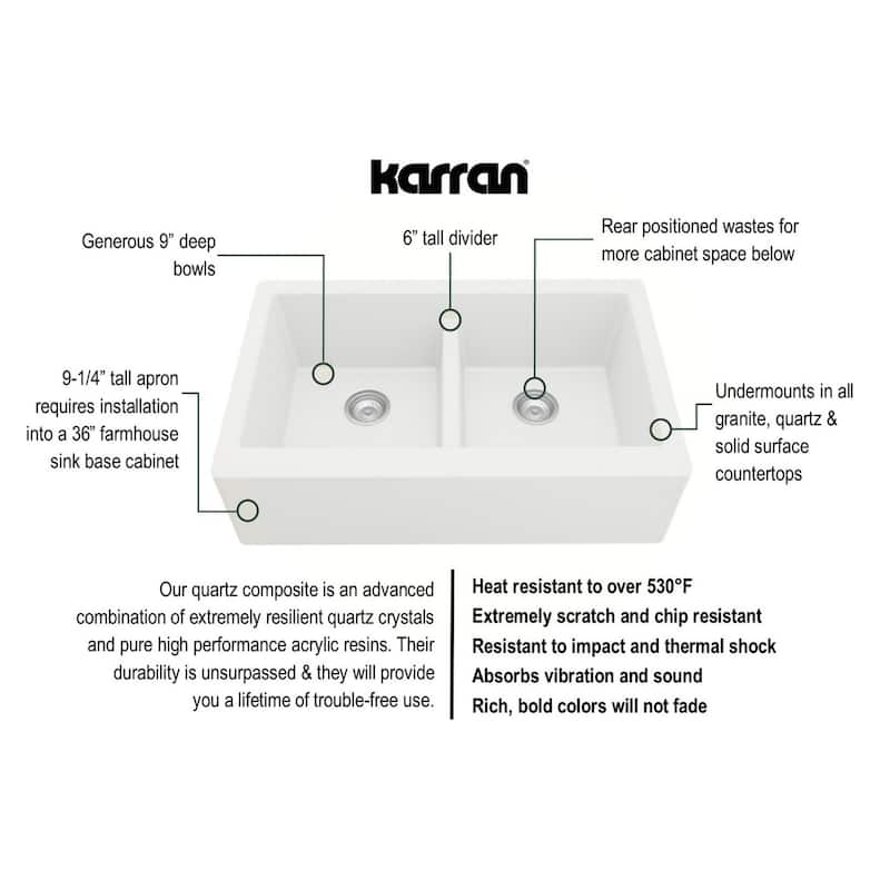 Karran Farmhouse Apron Front Quartz Double Bowl Kitchen Sink