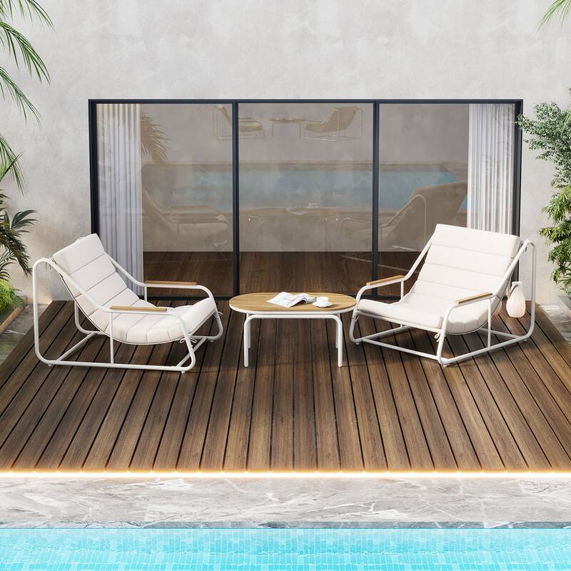 3-Piece Chaise Set, Adjustable with Wheels and Tables for Pool, Patio