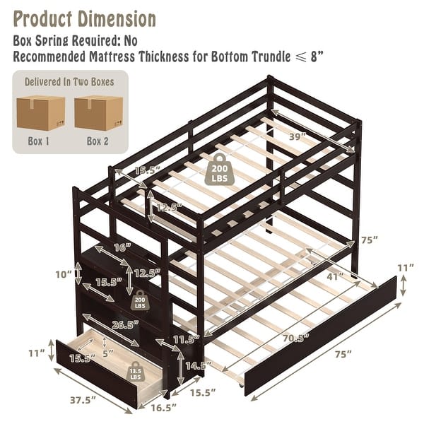 dimension image slide 1 of 3, Costway Twin Over Twin Bunk Bed with Trundle Stairway and Storage - 39'' x 75''
