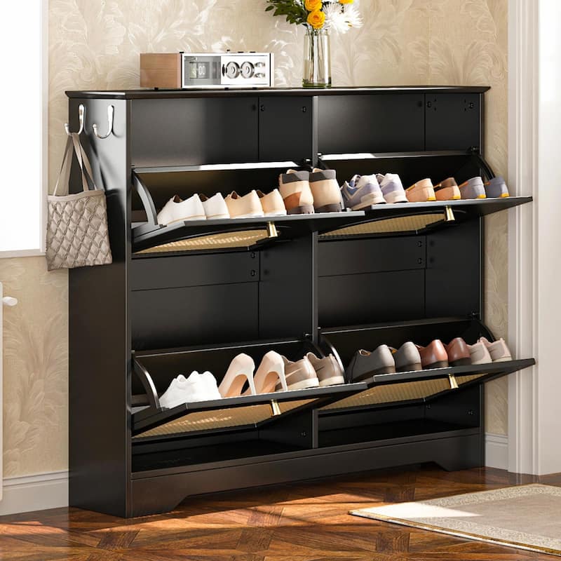 Mid-Century Narrow Design Tipping Bucket Shoe Cabinet with 4 Flip Drawers