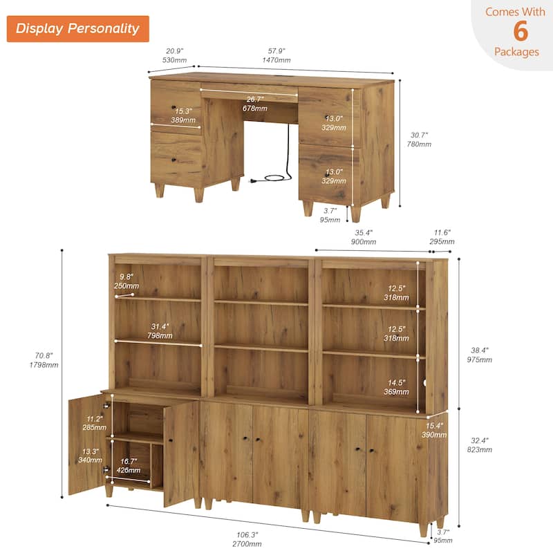 WAMPAT Home Office Furniture Set, 58" Executive Desk with Drawers, 3-Column 71" Tall Bookcase with Doors and Adjustable Shelves