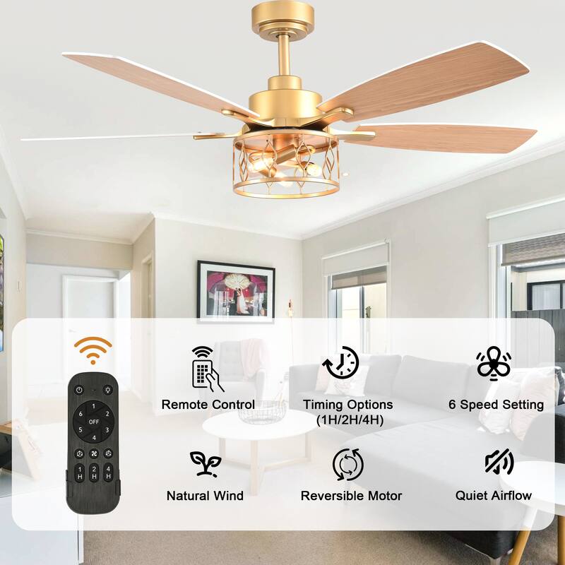 Bella Depot 52" Modern Gold Ceiling Fan with Light and Remote 6-Speed Large Caged Ceiling Fan