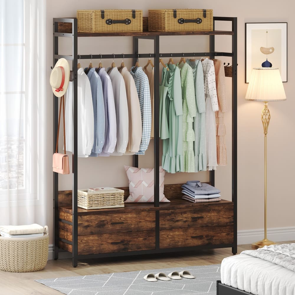 Freestanding Closet Organizer, Clothing Rack with 4 Drawers, 8 Hooks and Storage Shelves - Grey