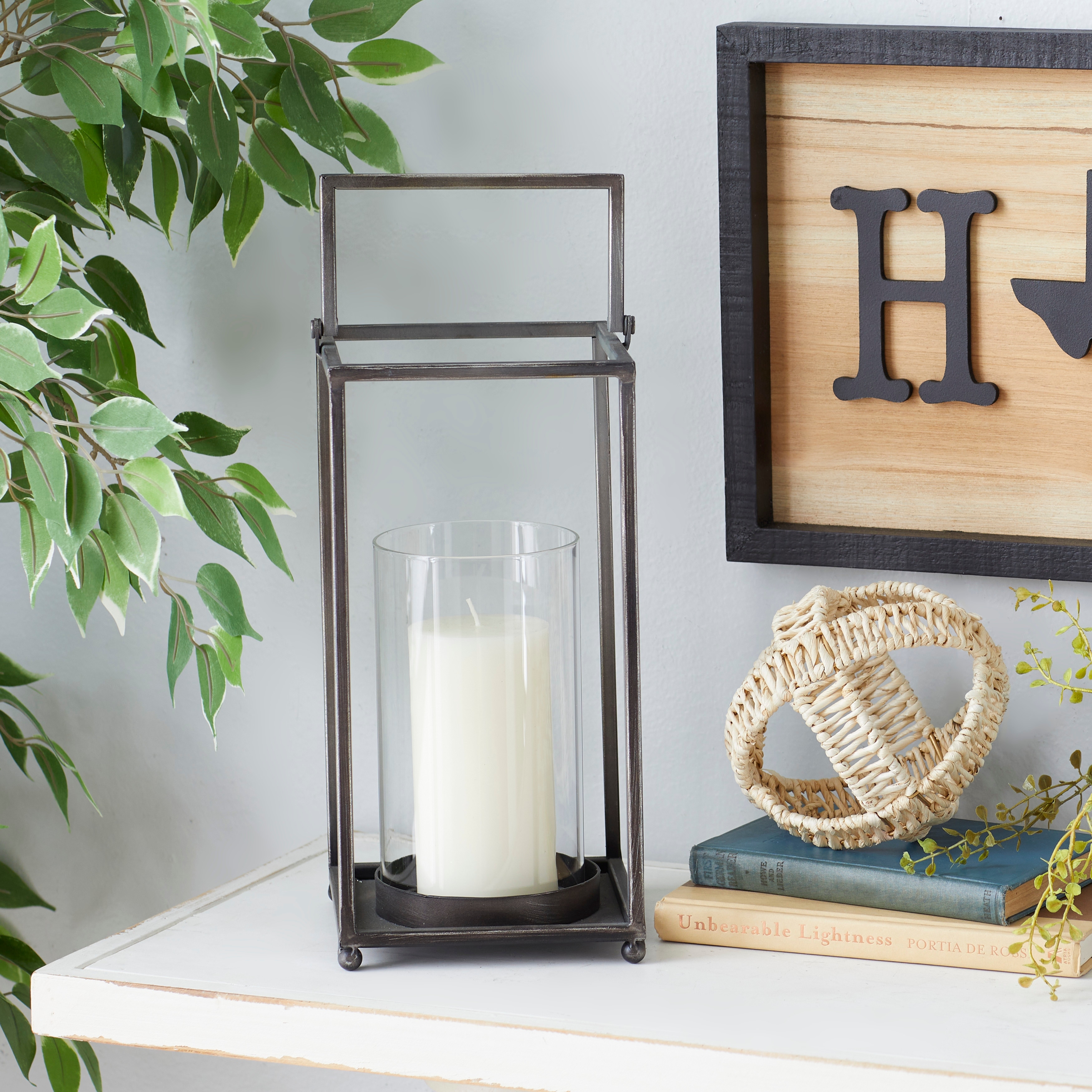 Benzara Black Metal and Glass Lantern