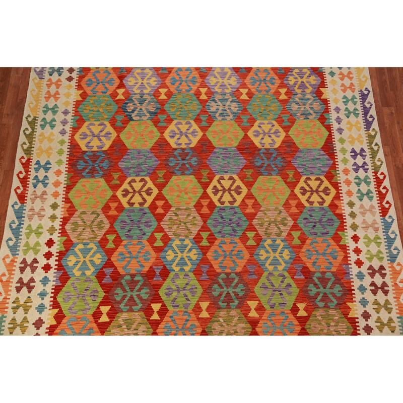 Colorful Kilim Oriental Area Rug Hand-Woven Wool Carpet - 8'7"x 11'1"