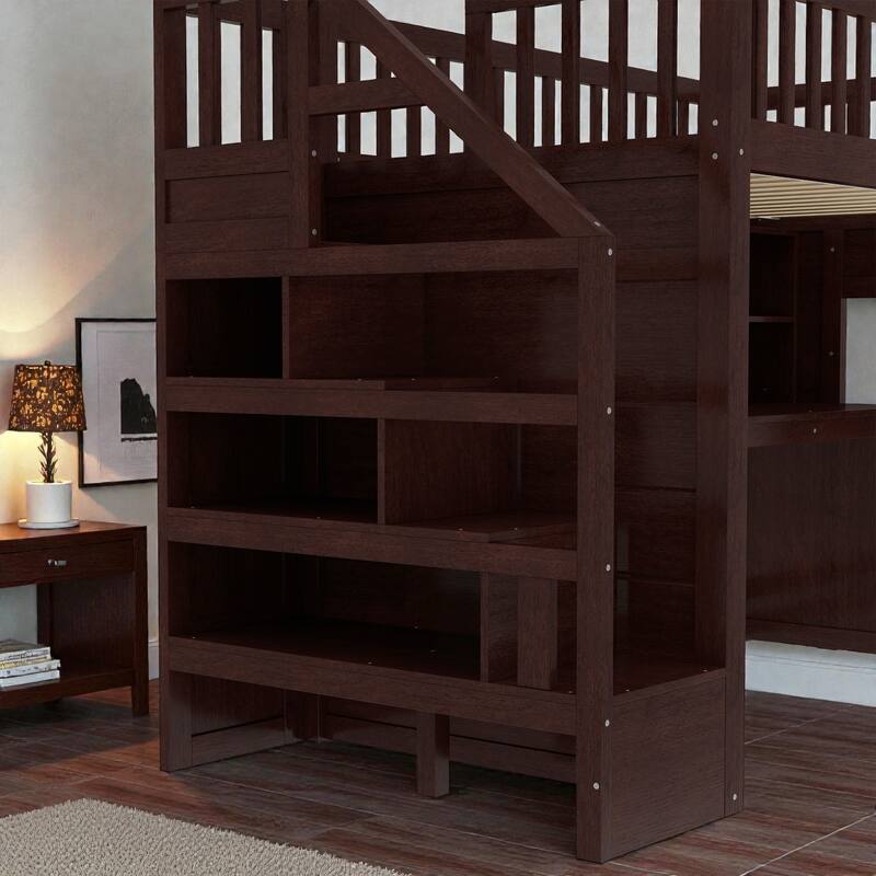 Loft Bed with Movable Desk, Storage Stairs & Shelves, Solid Wood Twin/Full High Loft Bed with Study Area & Safety Guardrails