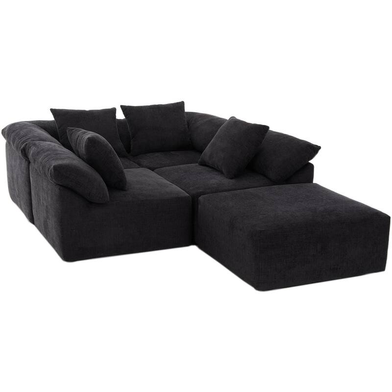 142" L-Shaped Modular Sectional Sofa w/ Throw Pillow, Convertible Sleeper Couch, 5-Seat Sectional Sofa Bed for Living Room