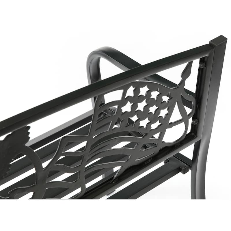 Steel Outdoor Patio Garden Park Seating Bench with Cast Iron "Patriotic American Flag and Eagle" Backrest, Front Porch Bench