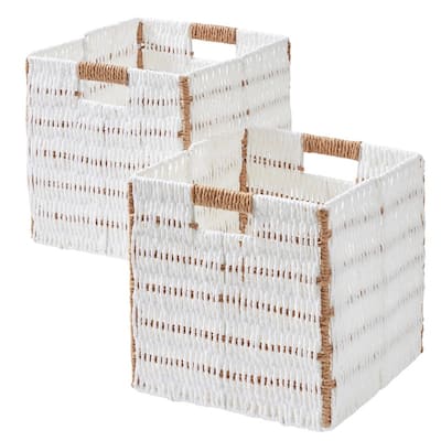 2 Pack Foldable Paper Wicker Shelf Storage Basket Cube Bin with Handles