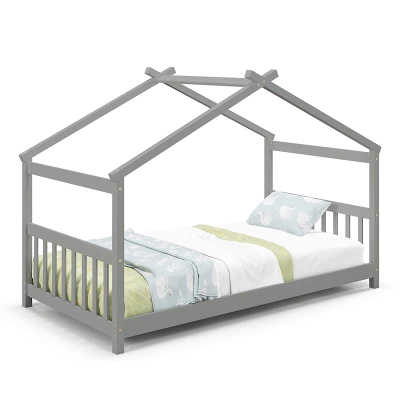 Costway Twin Size House Bed with Roof Wooden Low Floor Bed No Box