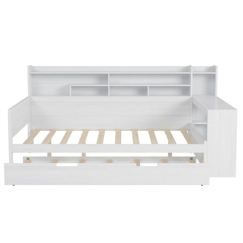 Twin/Full Size Daybed with Twin Size Trundle and Bulit-in Study Desk, Wooden Sofa Bed Frame with Storage Shelves