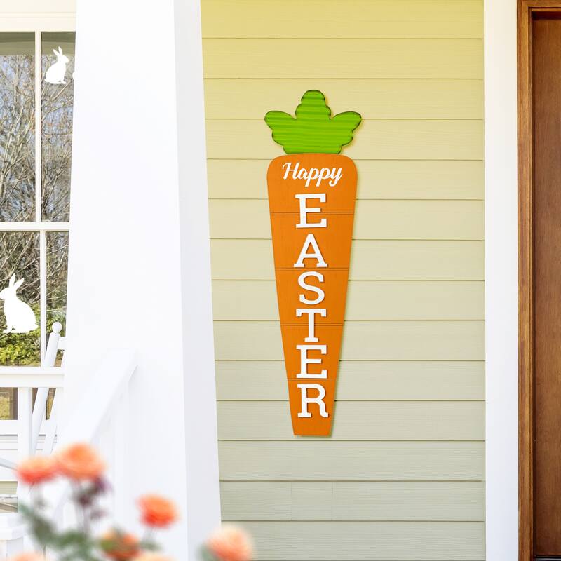 Glitzhome 42"H Easter Wooden Metal Carrot Bunny Porch Sign Spring Gifts