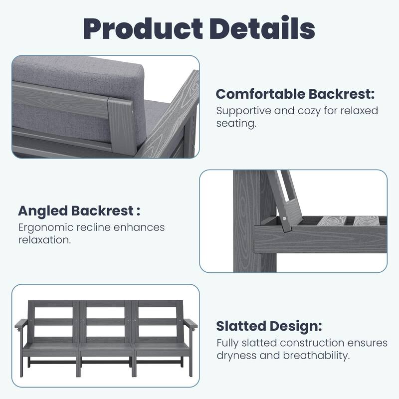 Outdoor Patio HDPE 3-Seat Sofa and Coffee Table Set, Removable Cushions Included