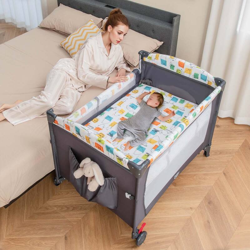 Honeyjoy 5-in-1 Baby Crib with Adjustable Height Soft Mattress - See Details