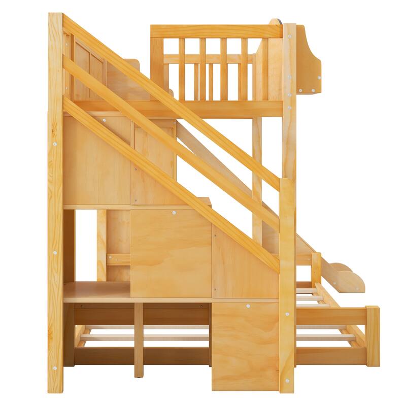 Fairytale Twin Over Full Kids Floor Bunk Bed with Slide, Storage Staircase, Shelves and Wardrobe, Wooden House Bed