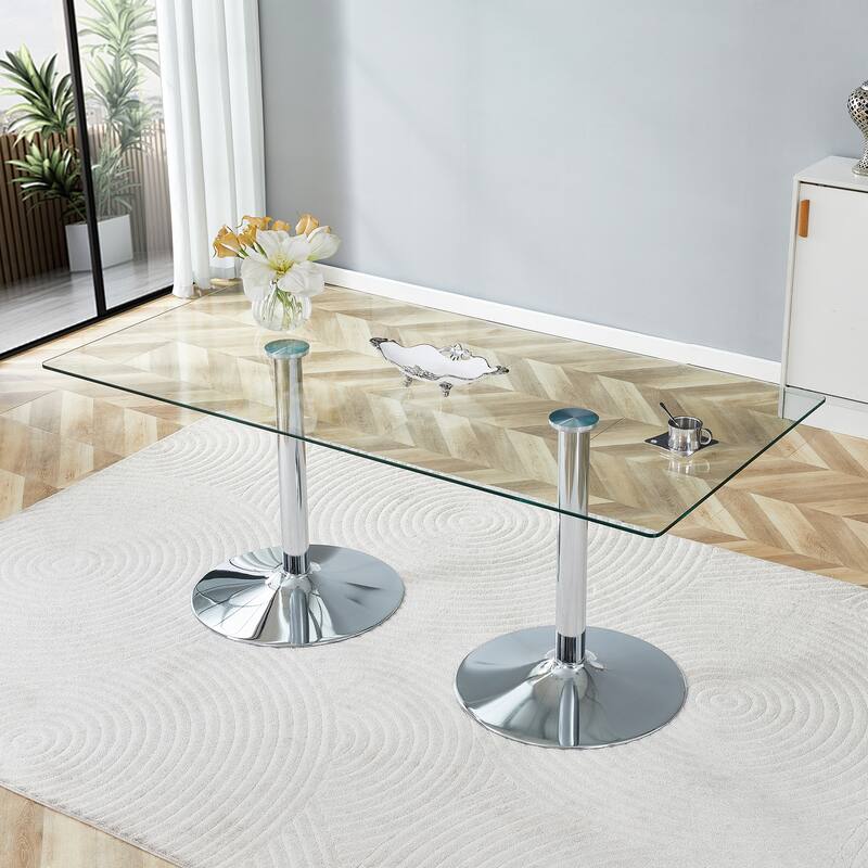 Rectangular Glass Top Dining Table with Metal Legs Modern Minimalist Design - Silver,Transparent