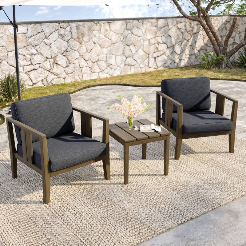 Teak Wood Upholstery Water-resistant Outdoor Armchair and Side Table Set (Set of 3)