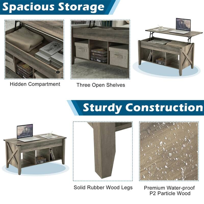 Lift Top Coffee Table with Hidden Compartment - 19.5"D x 40"W x 19.3"H