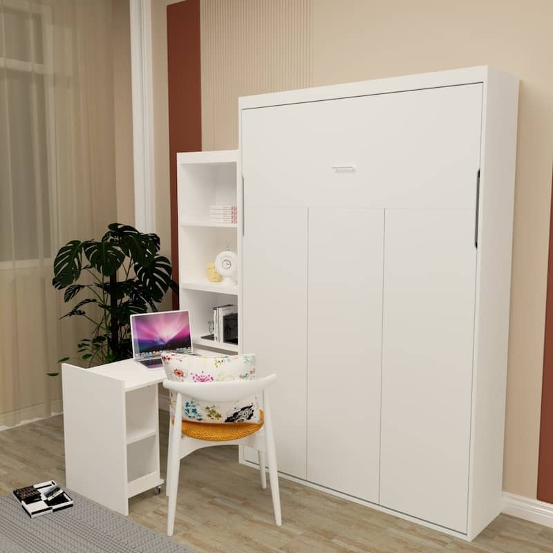 Queen Size Morden Deisgn Big Size Vertical Murphy bed with table and shelf for bedroom or Guestroom White Wall bed