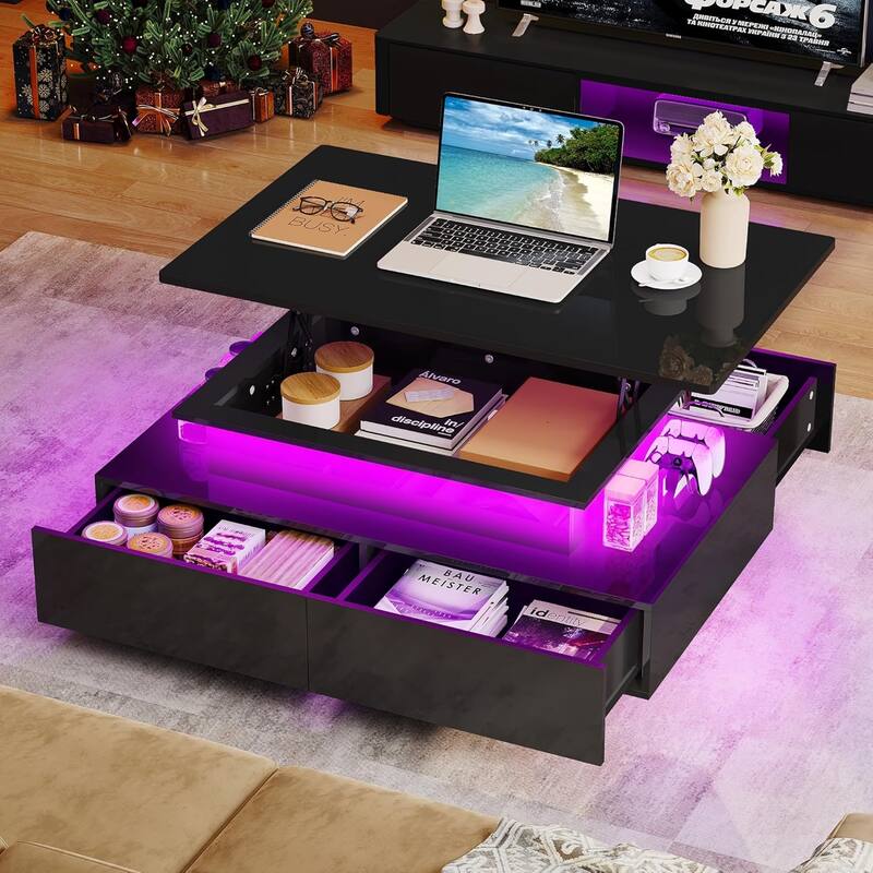 Moasis Modern Glossy Coffee Table with Drawers & LED Lights for Living Room - Black - Lift Top