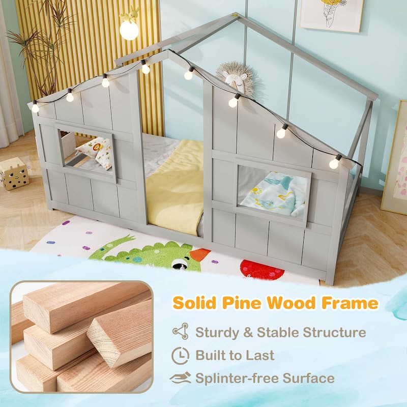 Costway Twin Size House Floor Bed with LED Lights Solid Wood Bed Frame