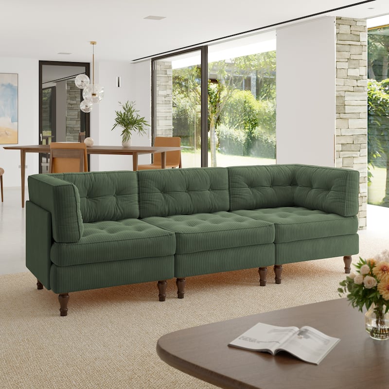 Oversized Modular Sectional Corduroy Fabric Tufted Sofa - Green-3 peice - Symmetrical