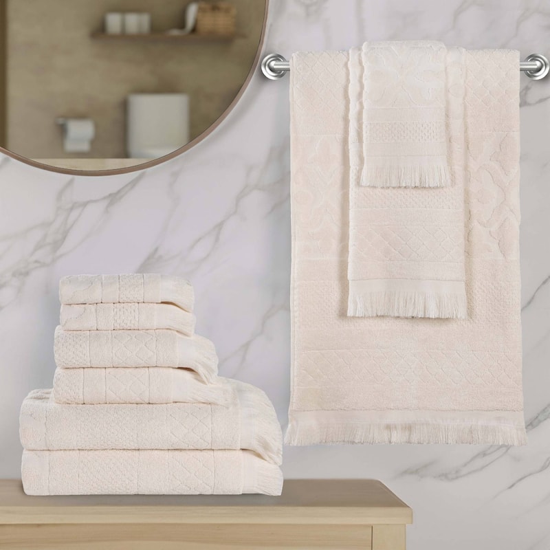 Superior Rolla Cotton Geometric Jacquard Plush Soft 9 Piece Towel Set - Ivory