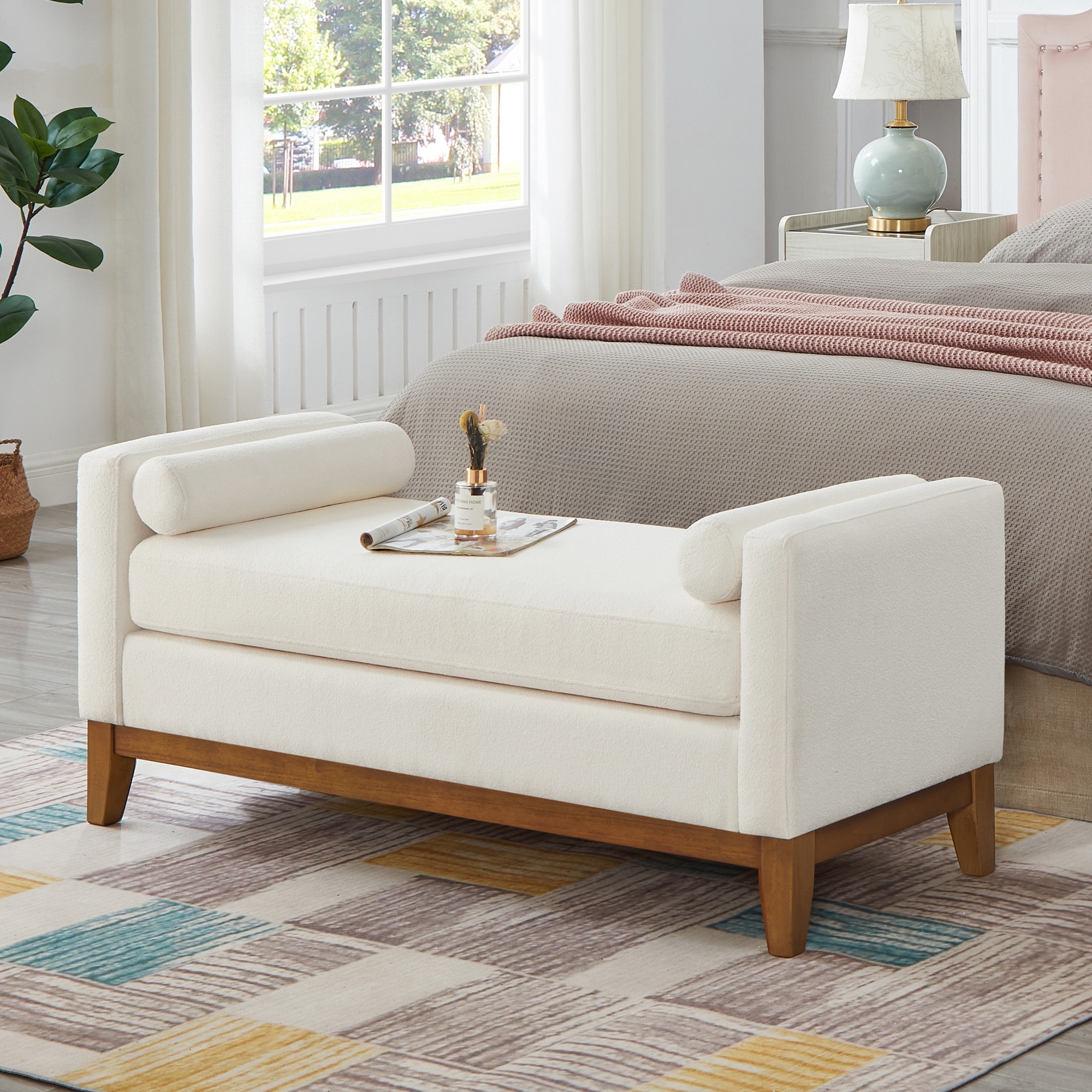 Roomfitters Large Boucle Fabric Ottoman Bench with Dual Armrests and Pillows