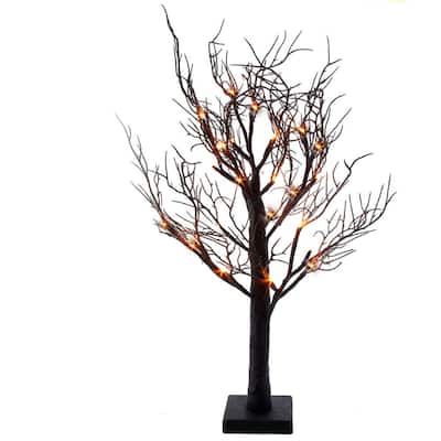 Battery-Operated Orange LED Glittered Tree Halloween Decor - Black - 2'