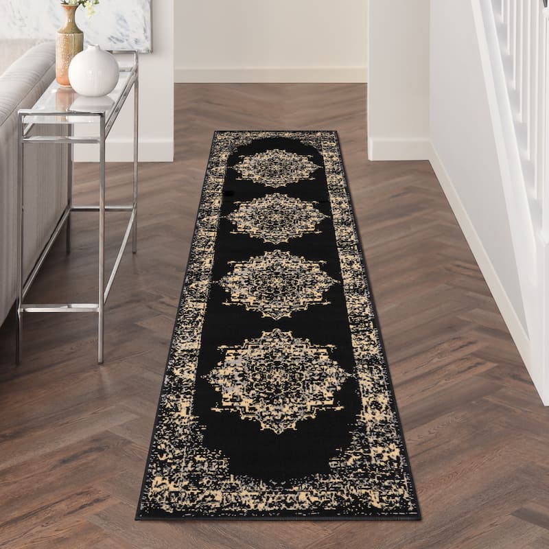 Nourison Grafix Distressed Vintage Medallion Area Rug - 2'3" x 12' Runner - Black