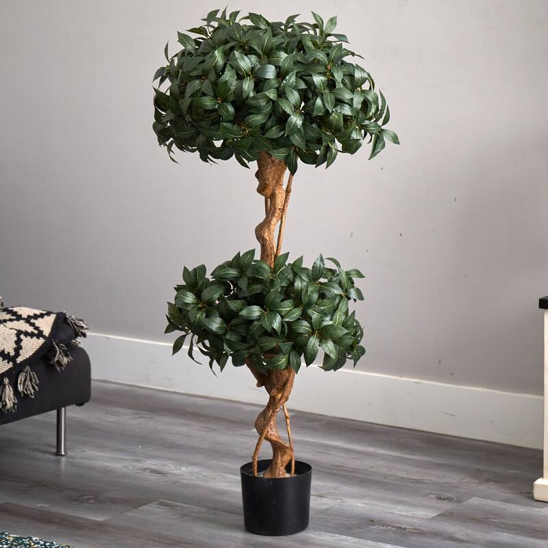 4Ft Silk Topiary Tree - Double Ball Sweet Bay Indoor Outdoor Decor - 4ft.