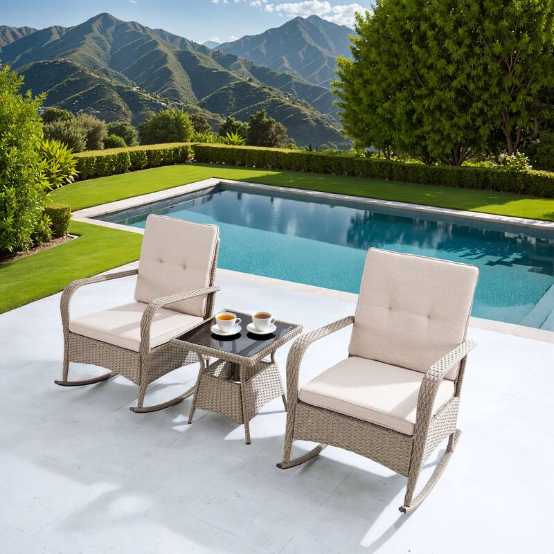 Corvus Hawaii 3-Piece Outdoor Wicker Rocking Chair Set with Side Table