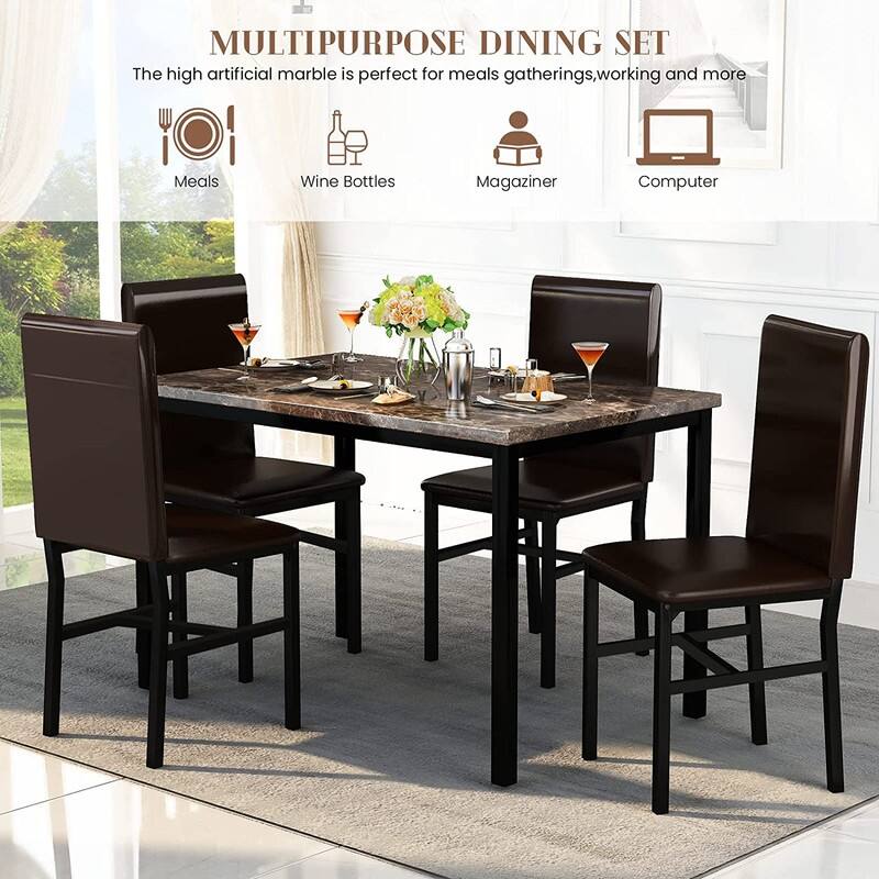Mieres 5 Pieces Faux Marble Dining Table Set with 4 Upholstered PU Leather Chairs