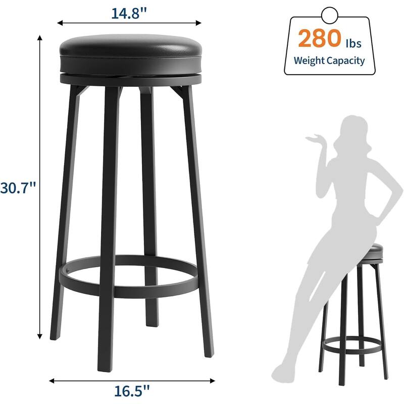 360° Swivel Bar Stool Set of 2, PU Leather Upholstered Counter Height Bar Stool with Metal Footrests