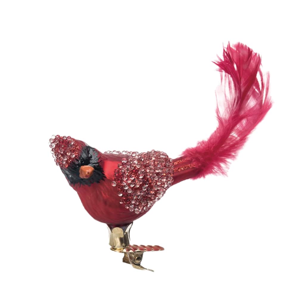 Transpac Glass 5 in. Red Holiday Cardinal Clip-on Ornament with Feather