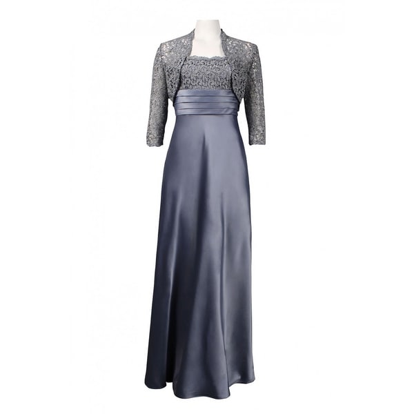 Adrianna Papell Metallic Lace Trim Pleated Waist Satin Dress,Pewter, 6. Opens flyout.