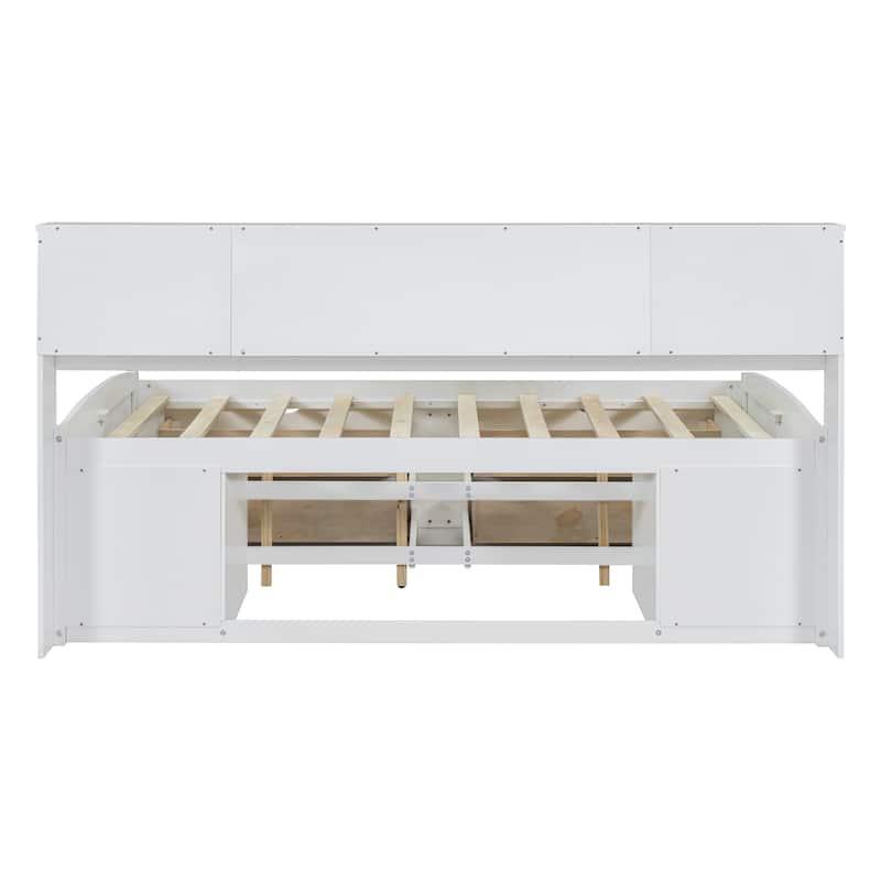 Full Size Wood Daybed with 2 Bedside Cabinets, Upper Shelves and 4 Drawers, White