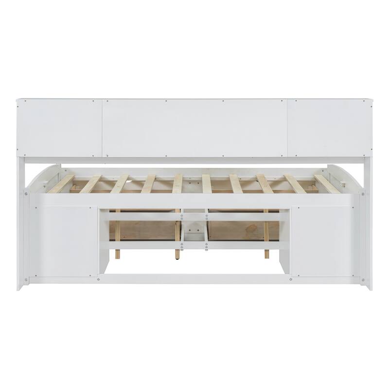 White Full Size Daybed with Bedside Cabinets, Upper Shelves, and 4 Drawers