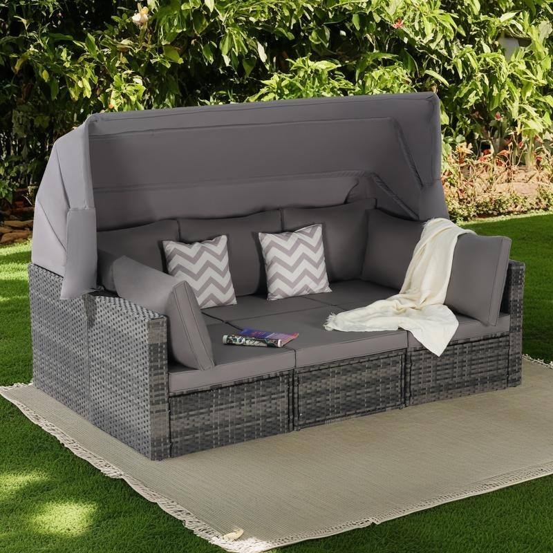 5-Piece Outdoor Patio Wicker Daybed Set with Retractable Canopy, Storable Table - Dark Gray