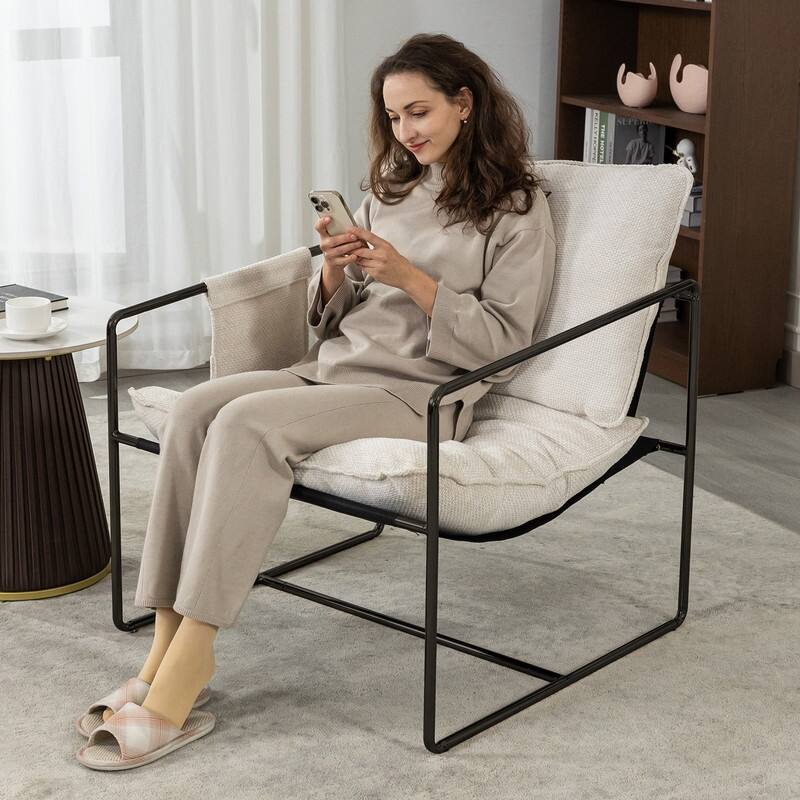 Mixoy Set of 2 Modern Metal Frame Sling Accent Chair - Set of 2 - Beige with black frame