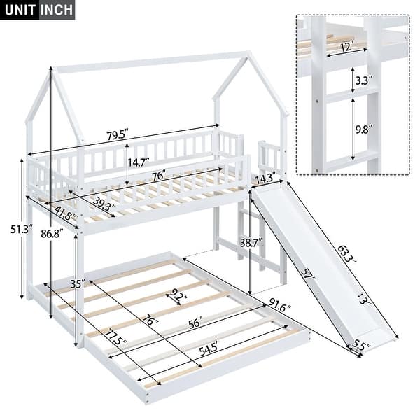 dimension image slide 0 of 2, Twin Over Full House Bunk Bed with Slide, Wooden Floor Bunk Bed w/Built-in Ladder & Safety Guardrails, for Kids Teens Girls Boys