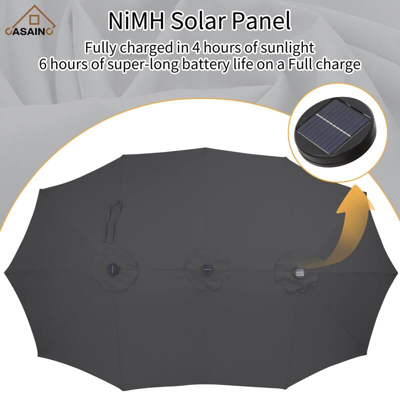 15 ft. Crank Double-sided Solar LED Ultra Lighted Outdoor Market Umbrella with Base Included
