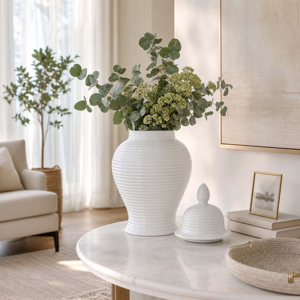Decorative Jar - White Ceramic Ribbed Ginger Lidded, 18 in.