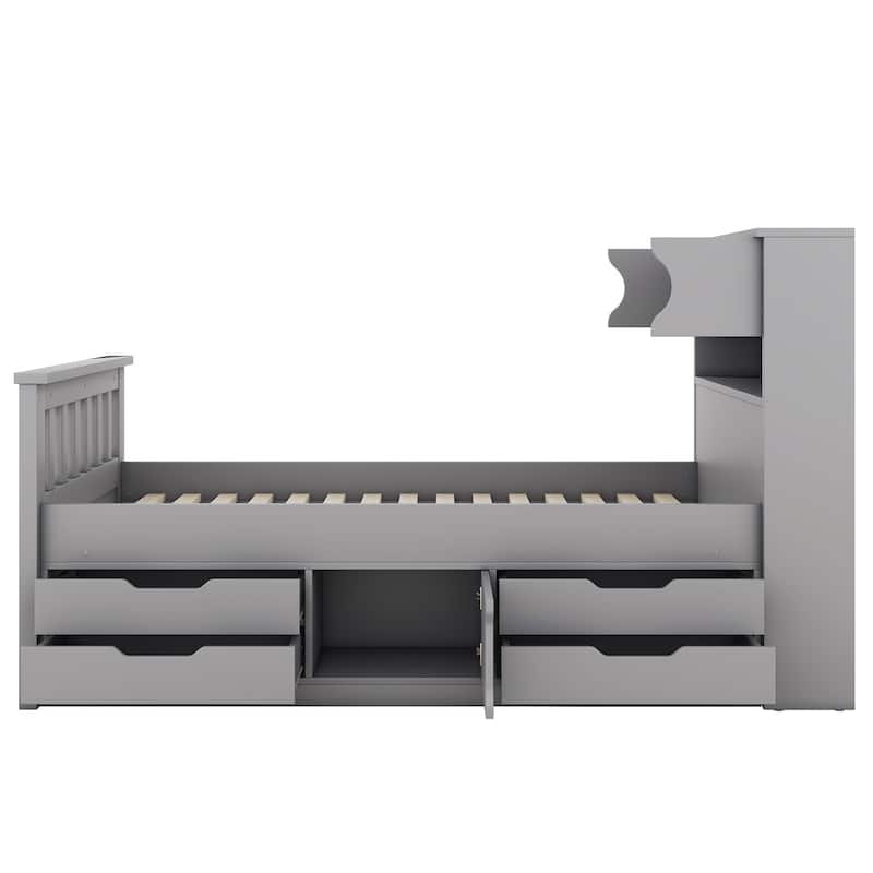 Twin Size Captain Platform Bed Frame with Bookcase, 4 Drawers, and Shelves, Wood and MDF Construction Bedroom Furniture